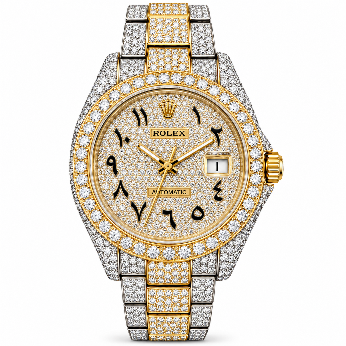 925 AM Moissanite Flooded Rolex Watch [ARABIC DIAL]