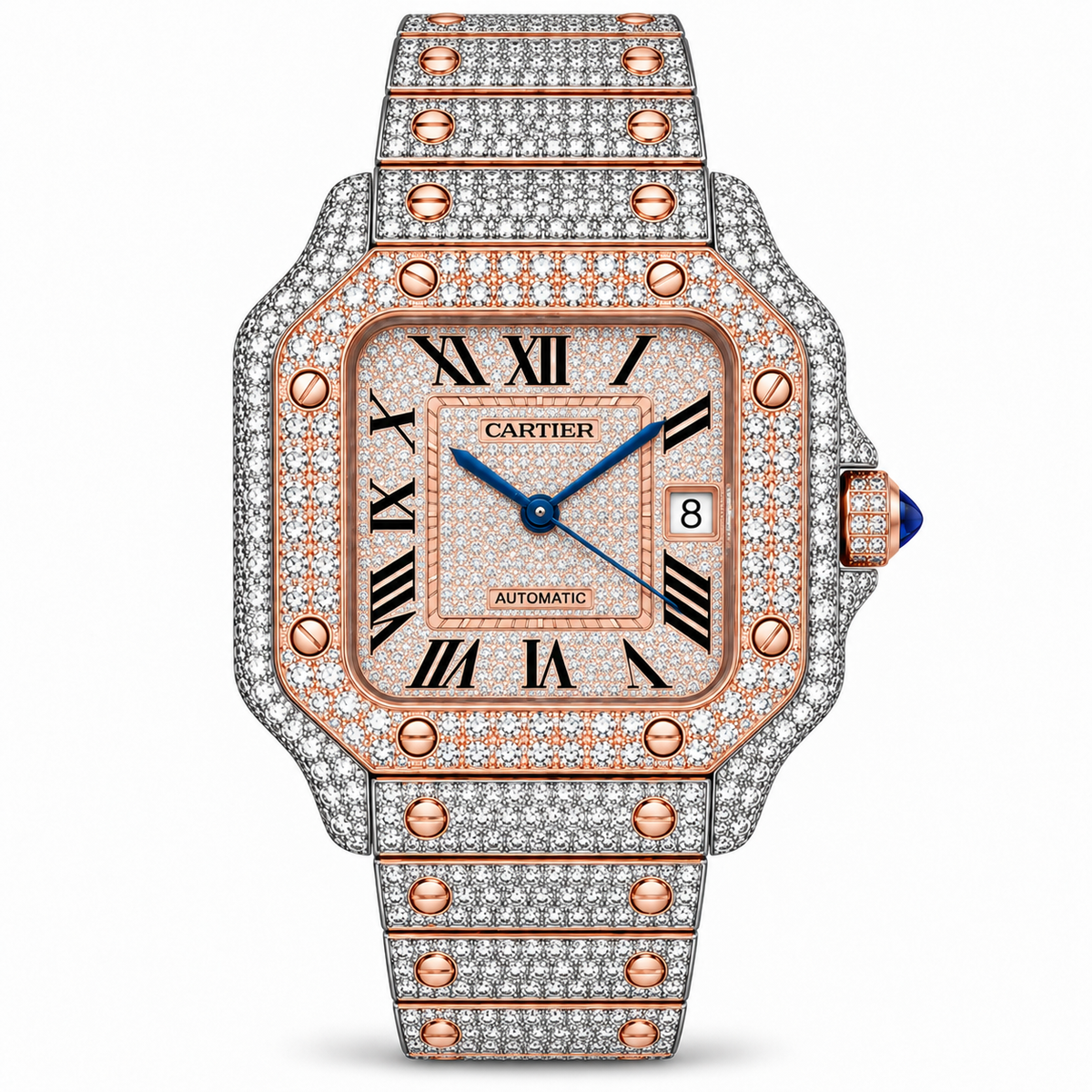 925 AM Moissanite Flooded Cartier Santos Watch