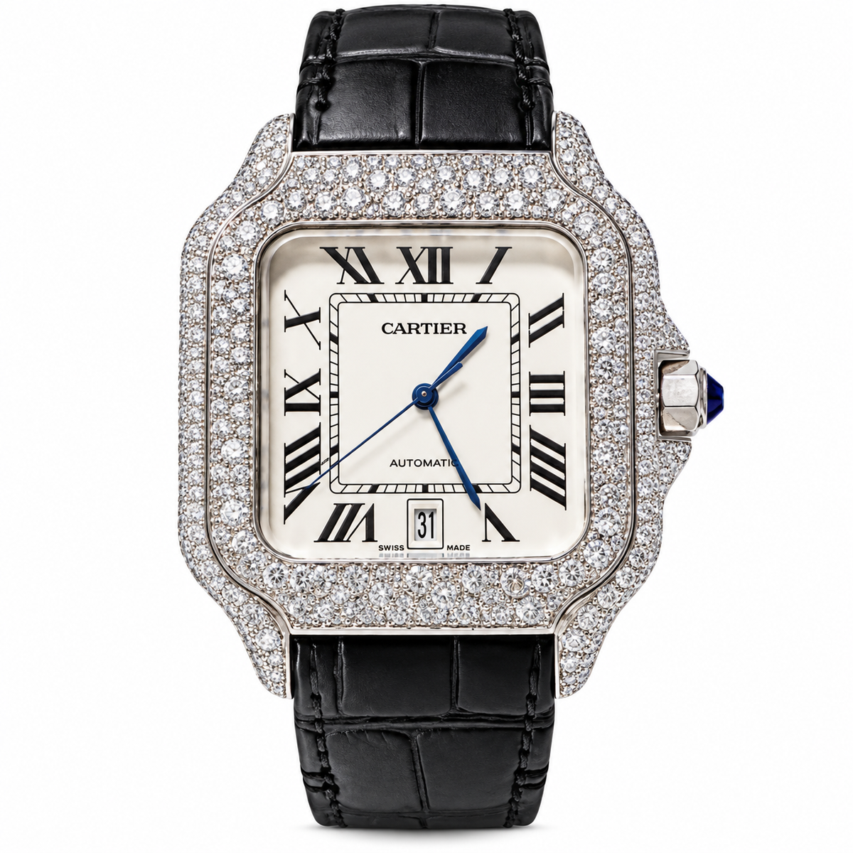925 AM Moissanite Flooded Cartier Santos Watch