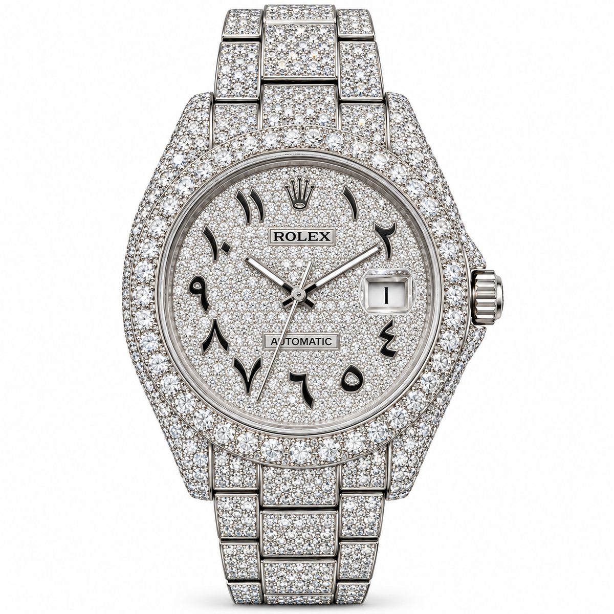 925 AM Moissanite Flooded Rolex Watch [ARABIC DIAL]