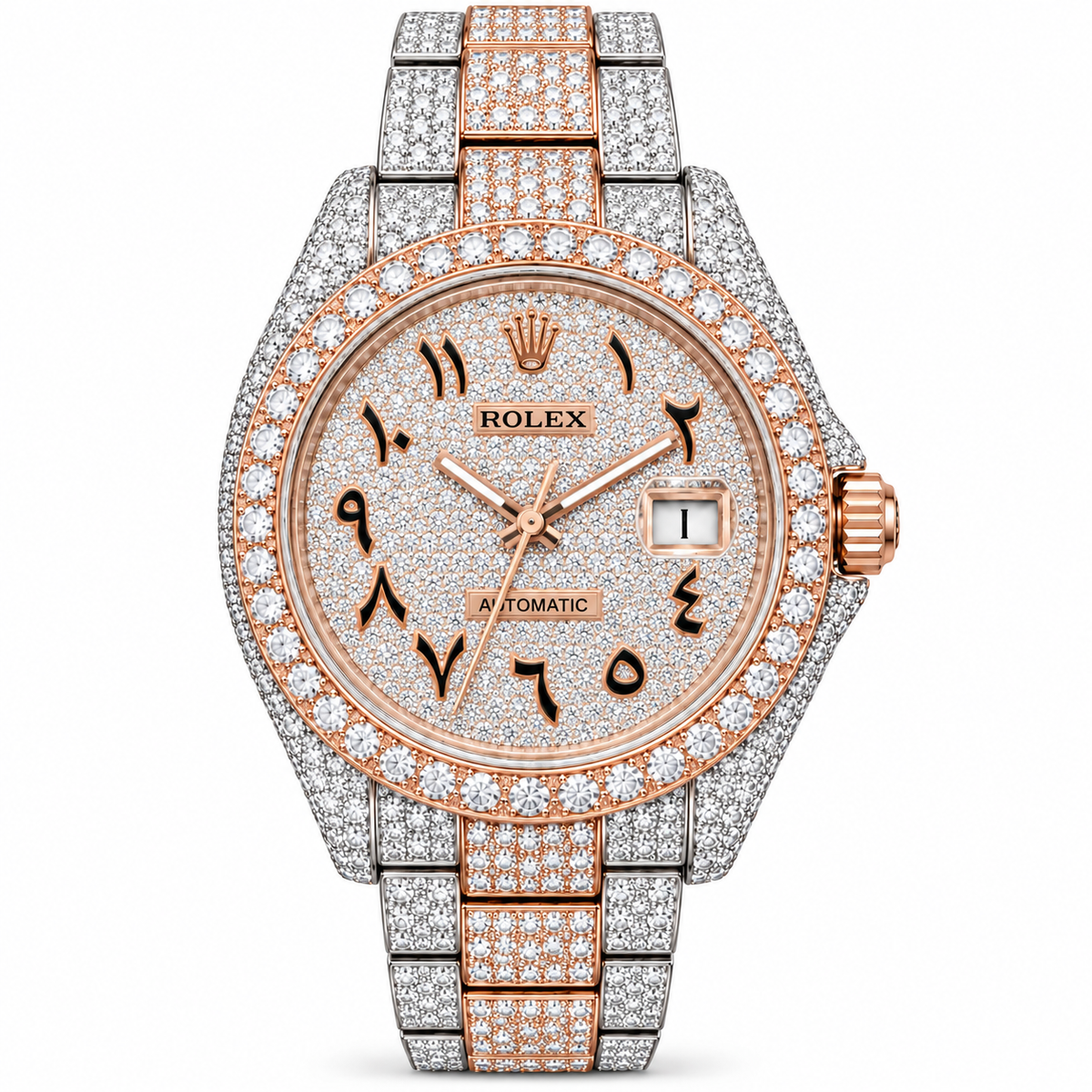 925 AM Moissanite Flooded Rolex Watch [ARABIC DIAL]