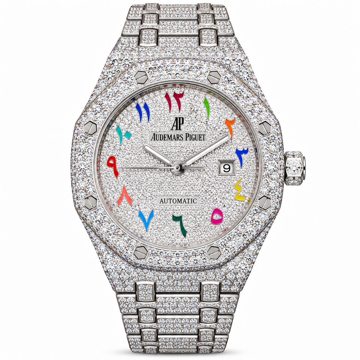 925 AM Moissanite Flooded AP Royal Oak [RAINBOW ARABIC DIAL]